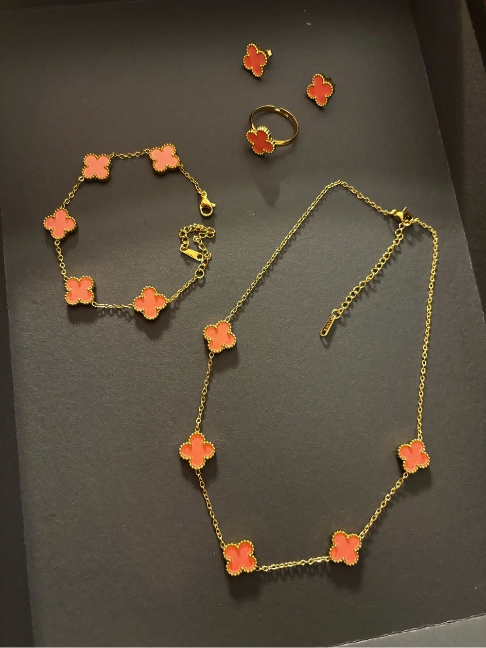 Brand New 4 piece Set Pink Clover Necklace, Bracelet, Ring & Stud Earrings Set